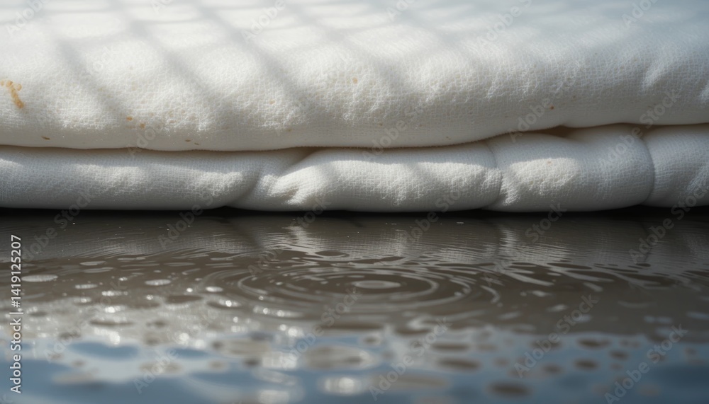 Poster raindrops falling on soft blankets in a peaceful indoor setting captured with a macro lens evoking c