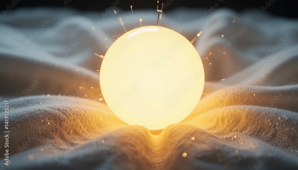 Poster radiant sphere glowing on soft fabric indoor setting digital art close-up view abstract concept and 