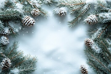 Winter pine branch frame on rustic white wood with snowflakes minimalist Scandinavian holiday background