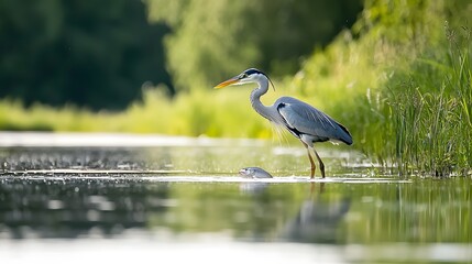 Majestic heron standing motionless in shallow water patiently waiting to swiftly catch its prey in the serene natural environment