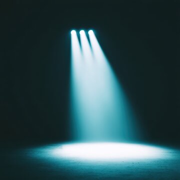 Empty concert stage with dramatic lighting beams and fog effects, modern LED rig