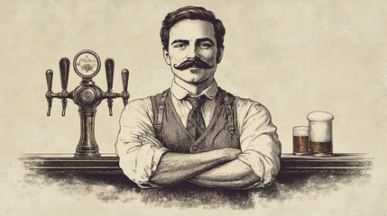 Vintage Barman, Arms Crossed, Pub, Beer Tap,  Aged Paper Background