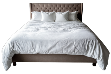 Serene bedroom Unmade bed with crisp white duvet and taupe upholstered headboard soft lighting on transparent background