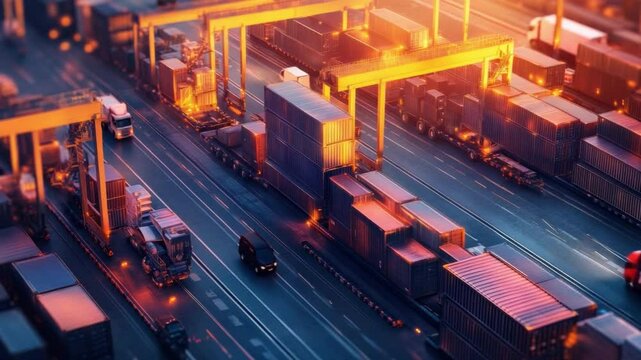 Global Logistics Hub: A dynamic, cinematic view of a bustling cargo port, showcasing the orchestrated movement of containers, trains, and vehicles symbolizing global trade and industry.