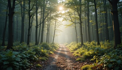 Fototapeta premium Morning sunlight illuminates serene forest path nature trail tranquil environment peaceful viewpoint natural beauty