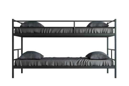 Sleek modern black metal bunk bed with grey linens and patterned pillows isolated on a black on transparent background - Powered by Adobe