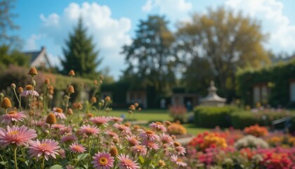 Blooming spring flowers in a serene garden outdoor park photography bright blue sky close-up view nature's beauty and tranquility