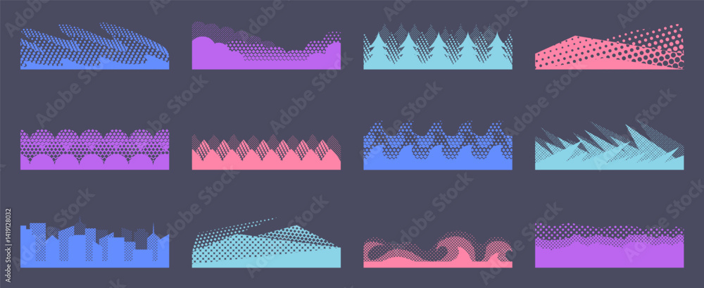 Poster halftone footer dividers. layered page separators with dot pattern, horizontal banner backdrop and p