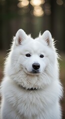 Obraz premium Portrait of a White Fluffy Samoyed Dog in a Forest