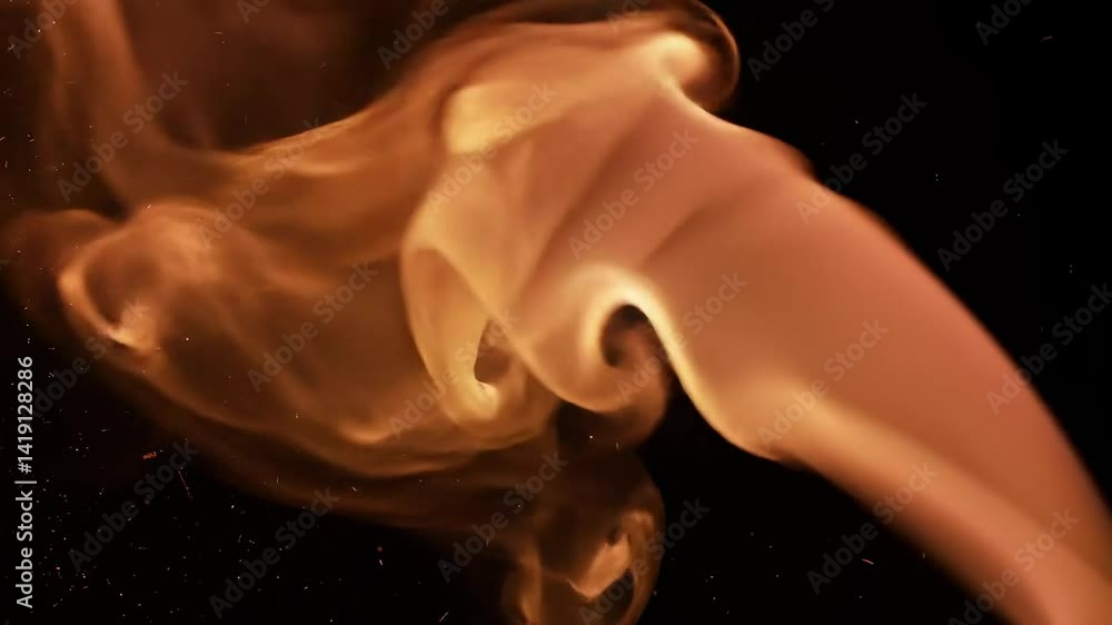 Poster a close-up view of a stream of orange and yellow flames dancing against a dark background with spark