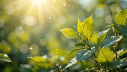 Obraz premium Basking in sunlight fresh green leaves in nature outdoor setting macro photography bright atmosphere peaceful viewpoint vibrant concept for seo impact
