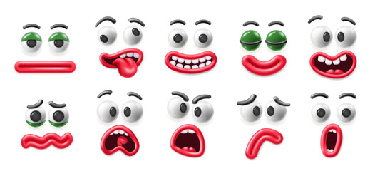 Cartoon 3D faces. Happy smile, sad emoji, crying face and excited expressions with cartoon googly eyes and plasticine mouths. Facial expression elements for mascot character isolated vector set. © WinWin