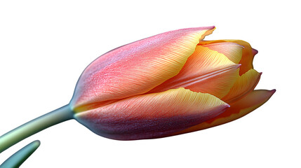 Red and yellow tulip bud with strong contrast and shadowing, isolated on clean white
