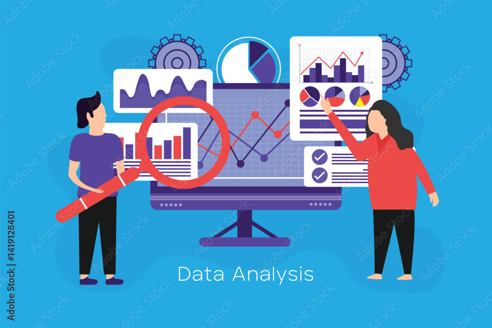 Poster team analyzing statistical data on monitor, representing business finance and data analysis concept