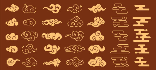 Pixel art oriental lucky clouds. Asian cloud shapes, pixelated Japanese ornaments, Chinese Xiangyun auspicious clouds and retro 8 bit decorative smoke elements isolated vectors set.