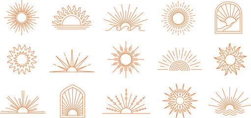 Sun line icons. Geometric boho sun, minimalist linear sunrise and sunset outline emblems. Bohemian sunbeam emblem elements with rays, arch and wave shapes vector set with editable stroke paths.