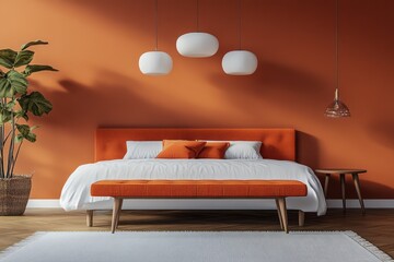 Oranged themed bedroom showcasing a bed bench and pendant lights
