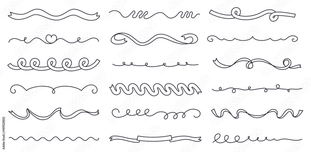 Fototapete curly confetti ribbon separator lines. doodle curl decorative text dividers, hand drawn wavy line bo