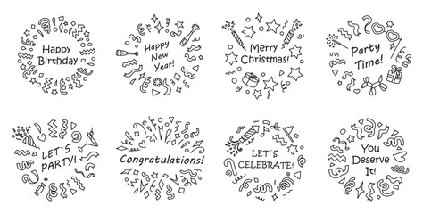 Celebration doodle frames. Congratulations wreath with hand drawn fireworks and confetti, festive Happy Birthday, New Year, Merry Christmas, Party Time and Lets Celebrate badges vector set.