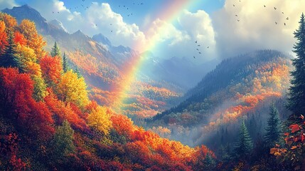 Autumnal Splendor: A Vivid Tapestry of Fall Colors Beneath a Luminous Rainbow