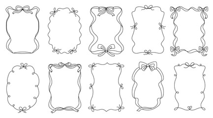 Curly ribbon frames with bows. Doodle cute ribbon border outlines, simple decorative swirl line and sketch bow for coquette label designs. Hand drawn girly vertical frame templates vector set.