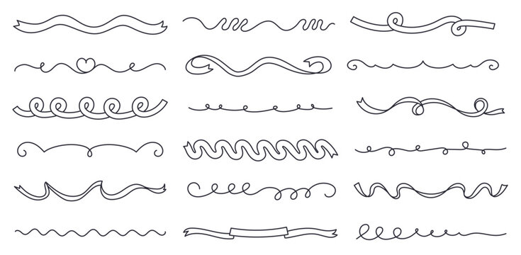 Curly confetti ribbon separator lines. Doodle curl decorative text dividers, hand drawn wavy line borders and sketch swirl underline ribbons. Outline page break graphics vector set.