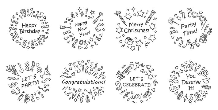 Celebration doodle frames. Congratulations wreath with hand drawn fireworks and confetti, festive Happy Birthday, New Year, Merry Christmas, Party Time and Lets Celebrate badges vector set.