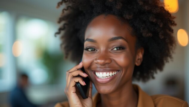 A smiling brunette businesswoman uses her mobile phone for talking and communication