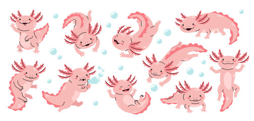 Cartoon baby axolotl. Cute pink axolotl characters, funny Mexican salamander and adorable smiling amphibian pets swimming, waving and playing underwater with bubbles. Kawaii animal vector set.