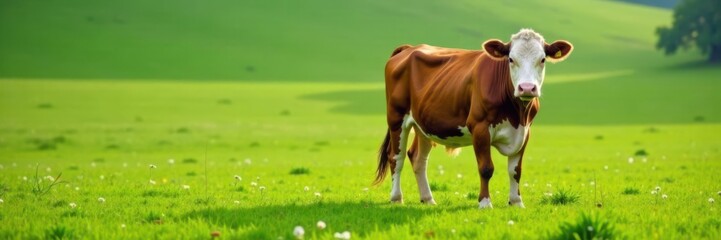 Fototapeta premium Cow standing in a green pasture with a cow's head cut off on the ground, beef production, slaughtered