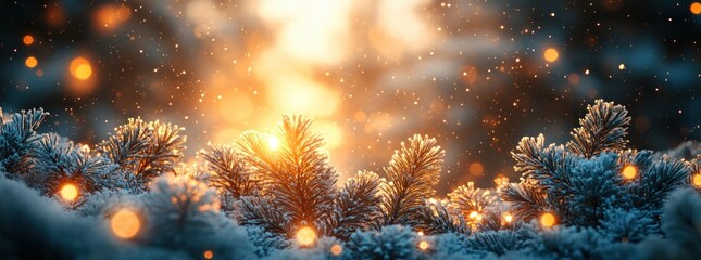 Fototapeta premium Snowy Pine Branches with Warm Glowing Lights in Winter Wonderland
