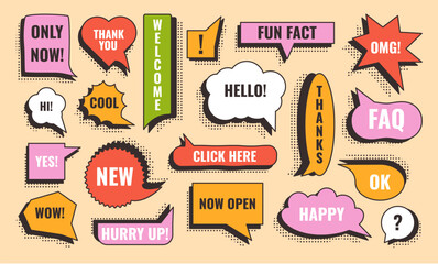 Pop art speech bubbles. Retro comic message bubble frames with 3d extrude effect, chat box stickers with halftone shadow. Dialogue clouds for sale slogans, short phrases and exclamations vector set.