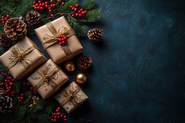 Christmas gifts with golden ribbons pinecones red berries and gold ornaments on blue background festive holiday decoration