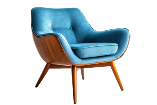 Stylish mid century modern armchair blue velvet upholstery rich walnut wood frame elegant on transparent background