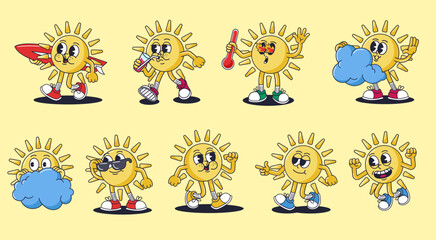 Retro cartoon sun characters. Summer mascot, groovy smiling sunshine character, hot weather and surfer sun 30s rubber hose animation style vector illustration set.