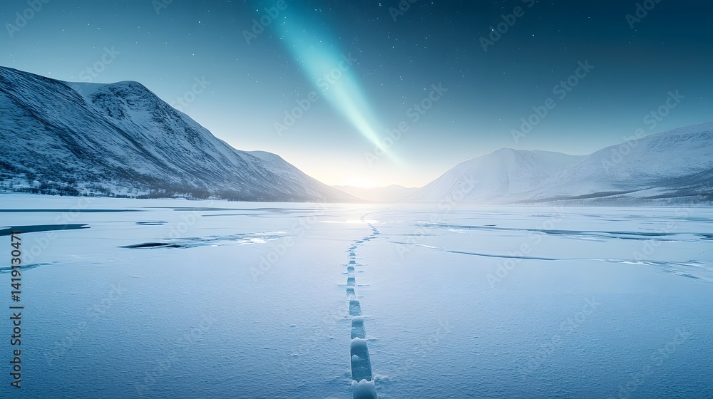 Poster captivating scene of the ethereal aurora borealis glowing vibrantly above a frozen river the ice shi