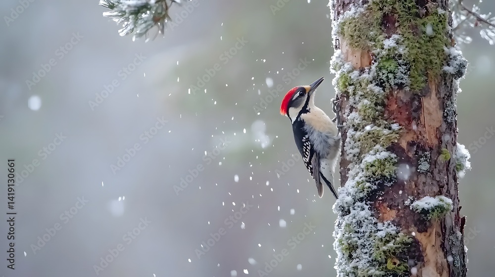 Poster energetic woodpecker rapidly drilling into tree trunk unleashing scattered bark particles in a dynam