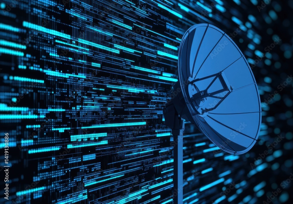 Poster satellite dish with digital binary code background in blue tones