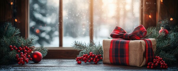 Cozy Christmas rustic wooden background with red and black buffalo plaid ribbon burlap bow pine branches and red berries traditional holiday decoration with empty space for text