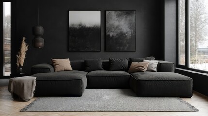 Fototapeta premium Moody interior showcases a comfortable sectional sofa with artwork