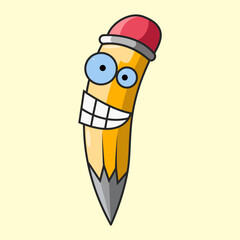 A cartoon pencil character with big, surprised eyes and small arms, featuring a pink eraser and a wooden tip, standing against a white background.