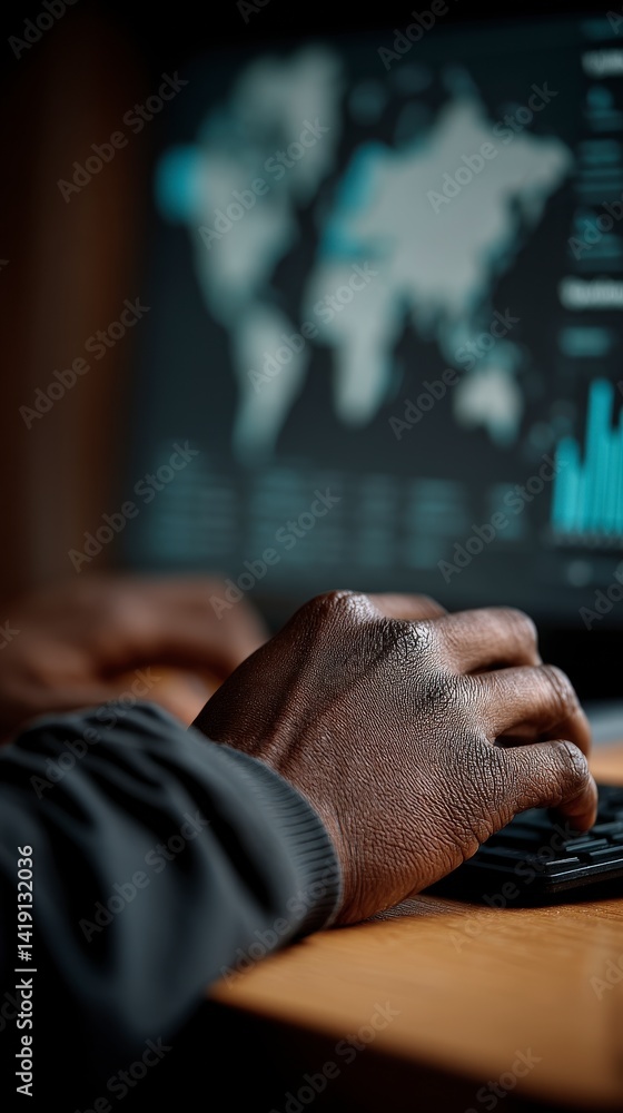 Poster global healthcare data analytics hands on keyboard charts world map