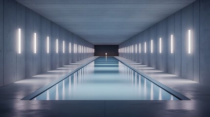Bright and modern indoor swimming pool facility designed for professional competition events and training  Illuminated with bright lights