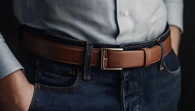 Man wearing brown leather belt and jeans.
