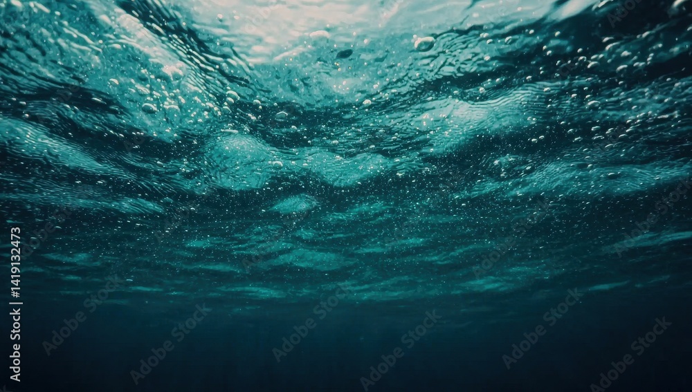 Poster underwater surface with bubbles and floating particles in ocean depths