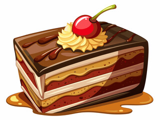 A high-quality vector illustration of a layered slice of chocolate cake with frosting and cherry on top, isolated on a white background
