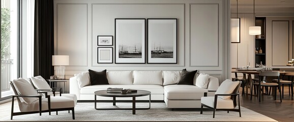 A modern living room with a white sectional sofa, two armchairs, a coffee table, and a view of a dining room in the background