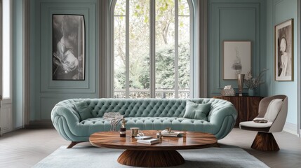 Elegant living room features a tufted sofa and artwork