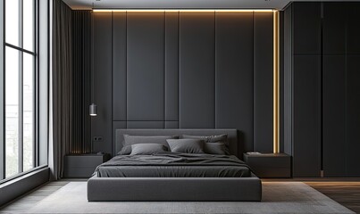 Modern bedroom with dark gray walls, large bed, and ambient lighting