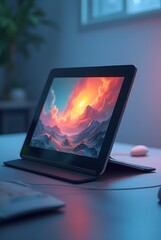 Digital artwork displayed on a tablet showing a sunset over mountains in a cozy workspace setting